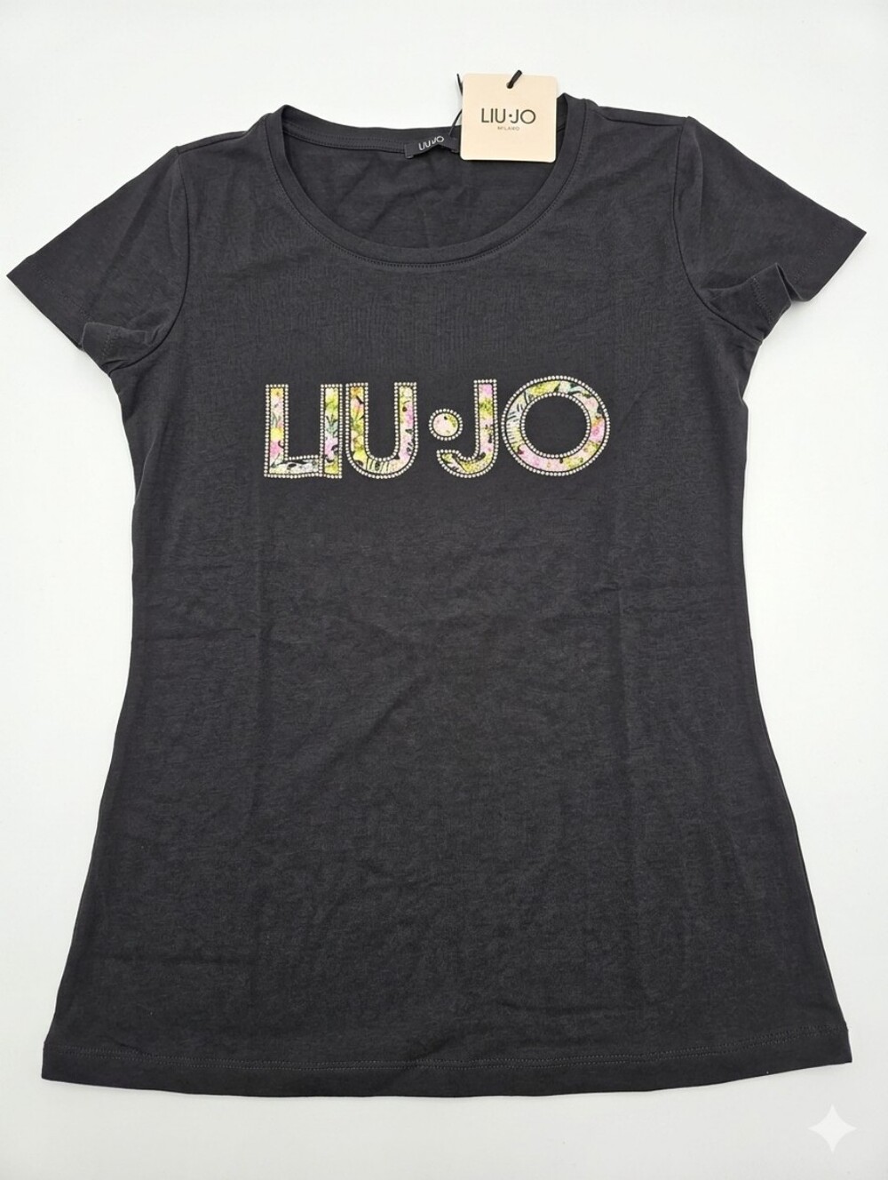 BNWT Liu Jo Milano  Black Short-Sleeve Logo Tee with Multicolor Embellishment